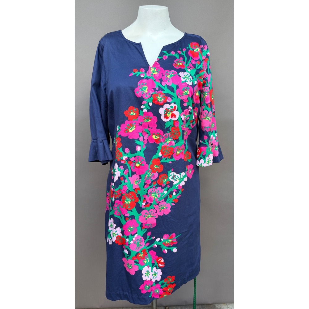 Lilly Pulitzer Shailene Dress 14 Navy Cherry Mine Floral Ruffle Sleeve V-Neck